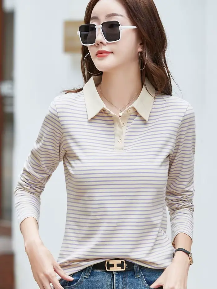 Nouveau Polo Femme Manches Longues Rayé Coton T-shirt Printemps Automne Mode Contraste Hauts Féminins Vêtements de Sport Golf