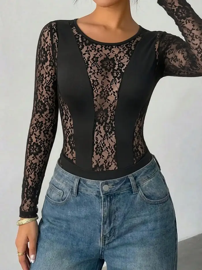 Body en dentelle à manches longues et col rond pour femme