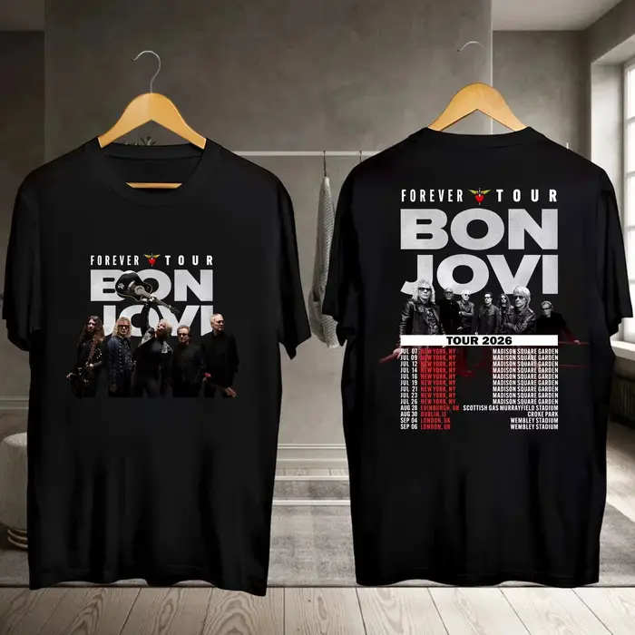 Bon Jovi Forever Tour 2026 Merch T-shirt 100% coton unisexe pour hommes et femmes, T-shirt d'été Vin