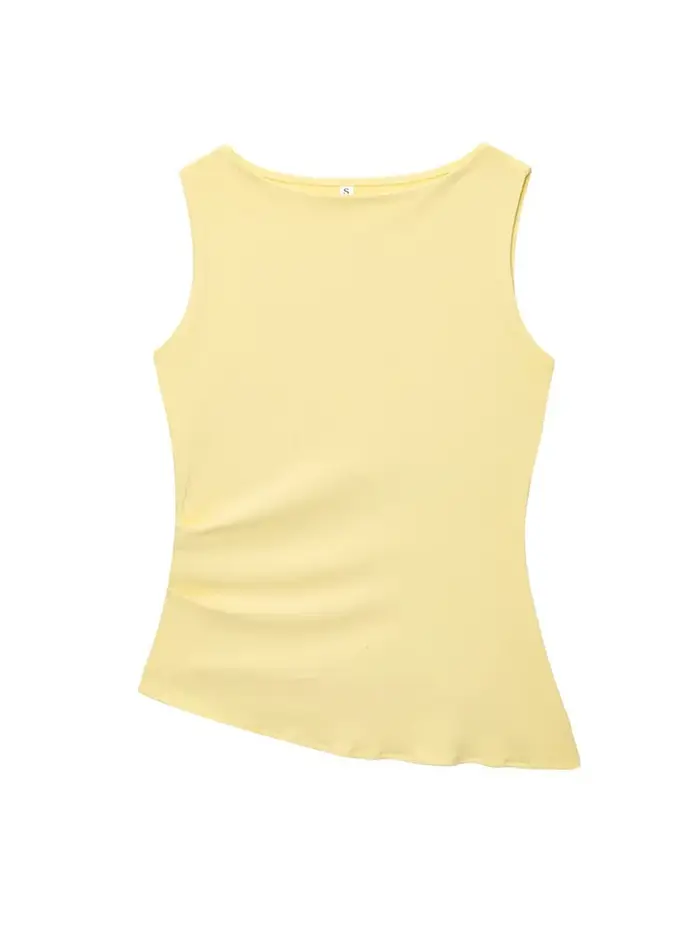 Débardeur asymétrique froncé jaune sans manches pour femme – Tendance décontractée pour la plage et l'été