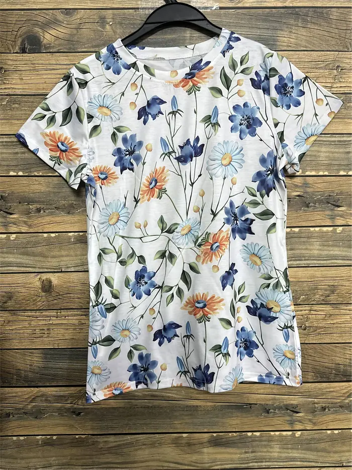 T-shirt pour femme - Motif floral bleu et jaune