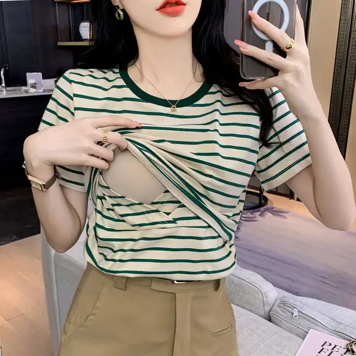 Été maternité rayé allaitement T-shirts col rond coton t-shirt post-partum chaud maman vêtements d'a