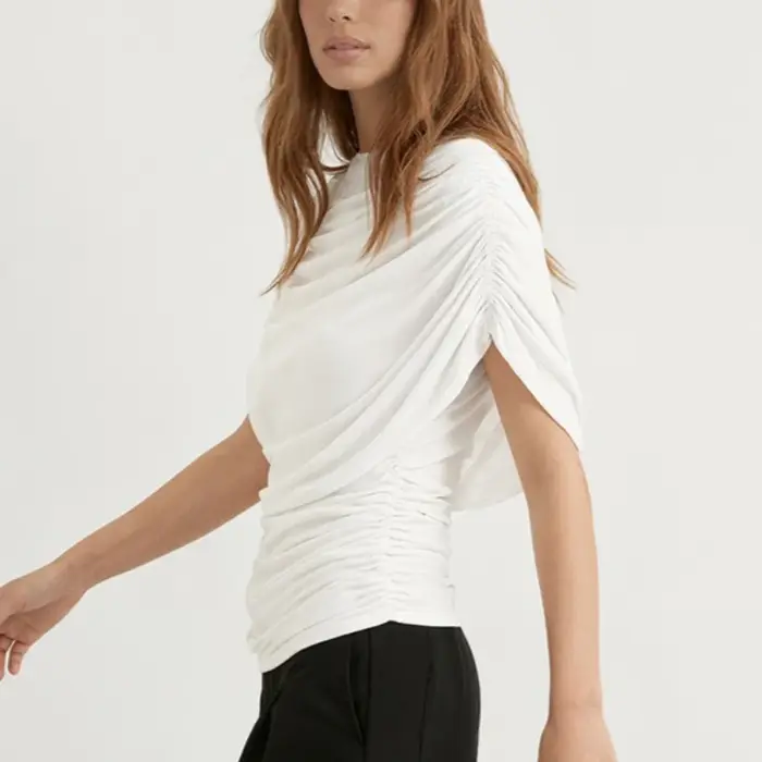 Haut élégant drapé à col bénitier en maille, manches courtes, coupe ajustée, sexy, style 'Hot Girl', avec taille froncée, couleur unie, pour l'été