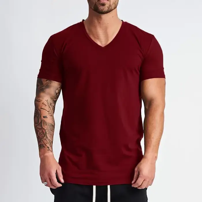 Nouvelle mode col en v T-shirt hommes coton coupe ajustée à manches courtes