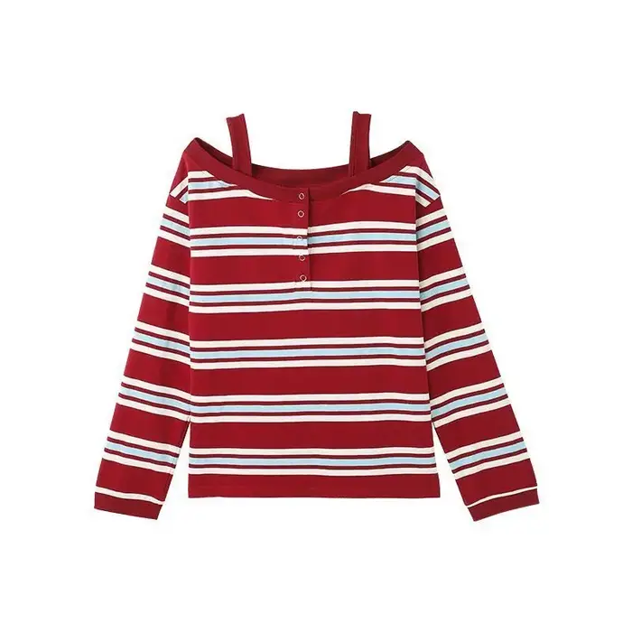 T-shirt à épaules dénudées rayé rouge et bleu