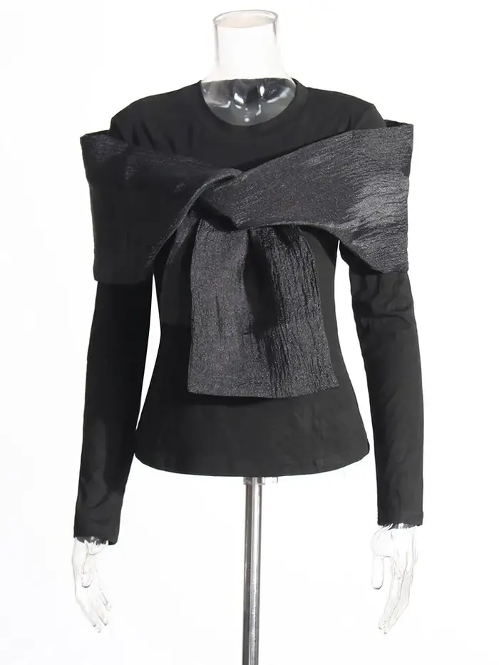 TWOTWINSTYLE Solide Patchwork Bowknot Minceur T-shirt Pour Les Femmes Col Rond À Manches Longues Min