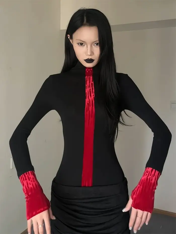 Yedinas Patchwork col roulé T-shirt femme vêtements à manches longues noir gothique haut d'automne 2