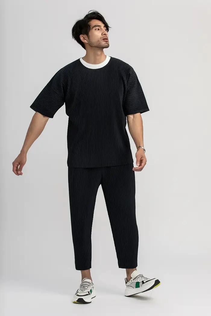 T-shirt à manches courtes et col rond pour homme, haut de sport, fin, respirant, solide, plissé, été