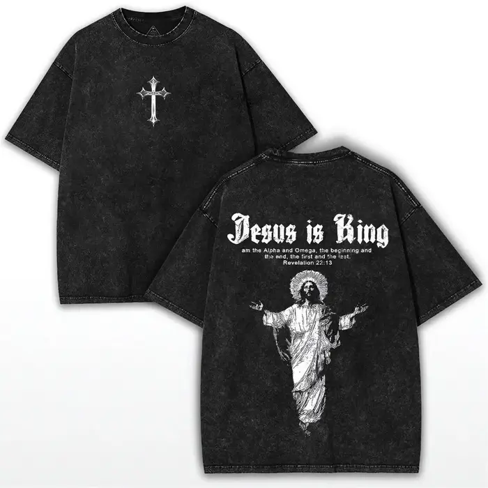 T-shirt Jésus est roi, imprimé croix chrétienne, coton délavé vintage, motif religieux rétro, street