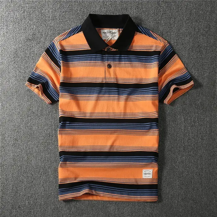 Coton épais May kaki vintage couleur contraste revers rayé polo à manches courtes T-shirt hommes mode