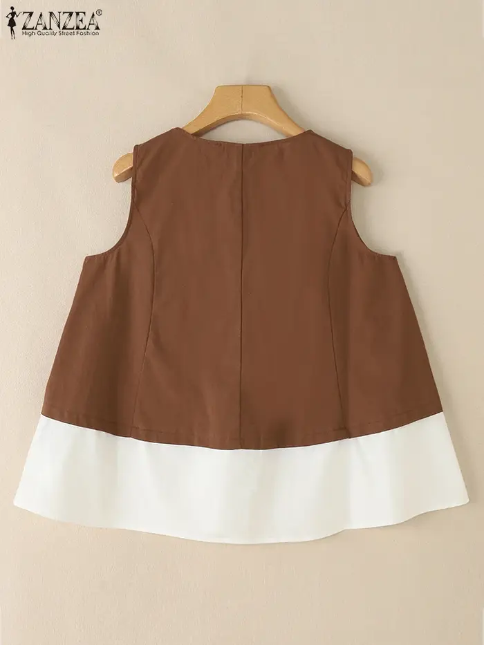 2025 femmes été débardeurs ZANZEA coton Camis Vintage col rond sans manches vacances Blouse rétro chemise ample t-shirts occasionnels surdimensionné