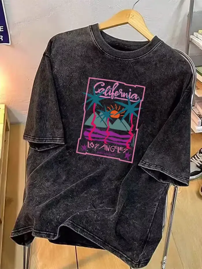 T-shirt graphique Coucher de soleil Palmiers de Los Angeles, Californie, noir délavé vintage, effet 