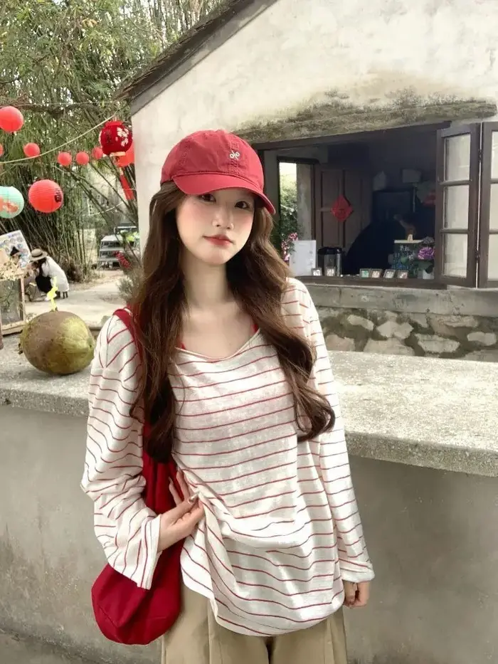 Chemisier T-shirt rayé rouge et blanc pour femme