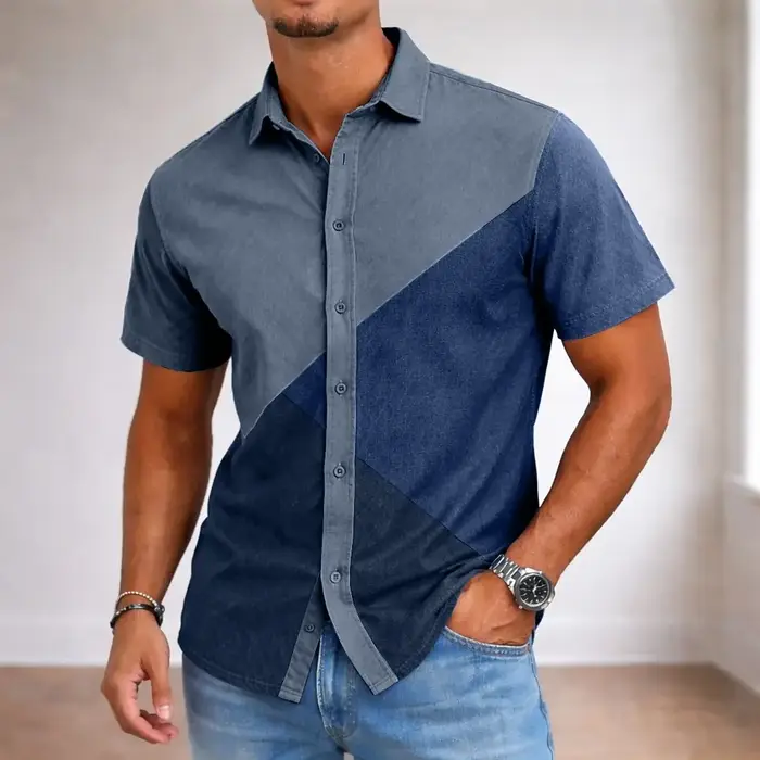 Chemise boutonnée beige et bordeaux à blocs de couleurs géométriques pour homme