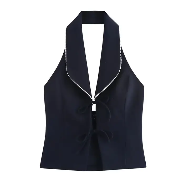 HH femmes mode gilets haut bleu marine col rabattu sans manches dos nu nœud à lacets femme été Style de rue débardeurs