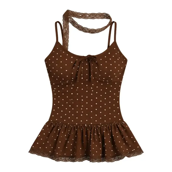 Nouvelle Camisole à Pois avec Nœud, Dentelle et Ruban, Débardeur Col V Ajusté et Sexy