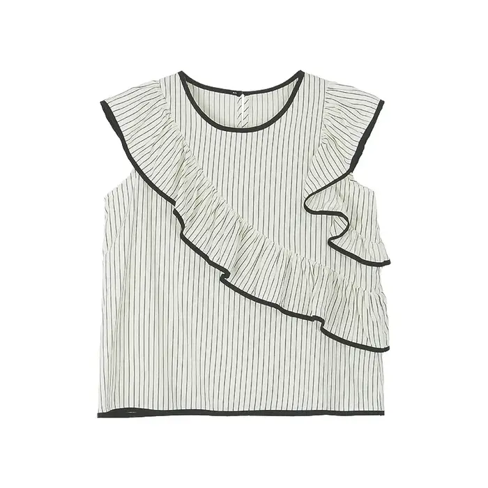 Chemise rétro rayée à volants, nouvelle collection été 2026, haut à col rond