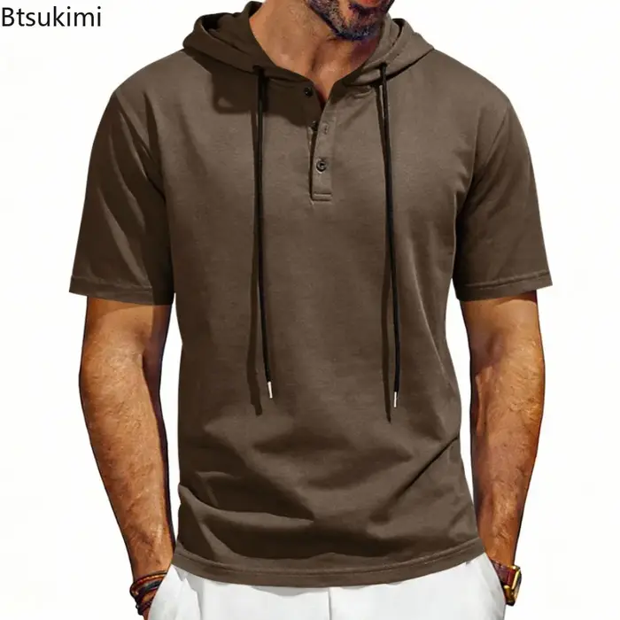 T-shirt à capuche confortable à manches courtes pour homme 2026 – Col Henley