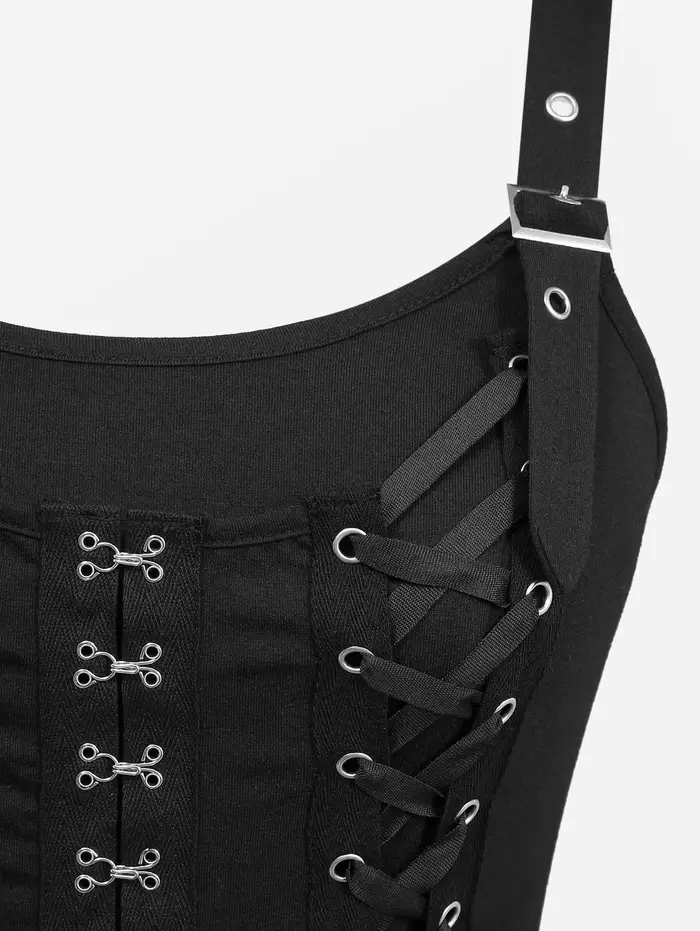Débardeur Gothique Femme Noir à Lacets Croisés et Fermeture Crochet et Œillet – Nouvelle Collection Été 2026
