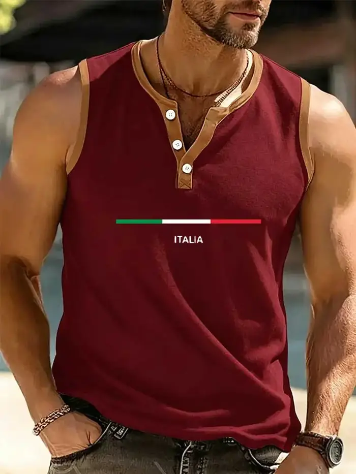 Débardeur Henley Homme à Bordures Contrastantes Imprimé Été Respirant Sans Manches Gilet Musculaire Décontracté Plage Gym Fitness Sous-vêtement