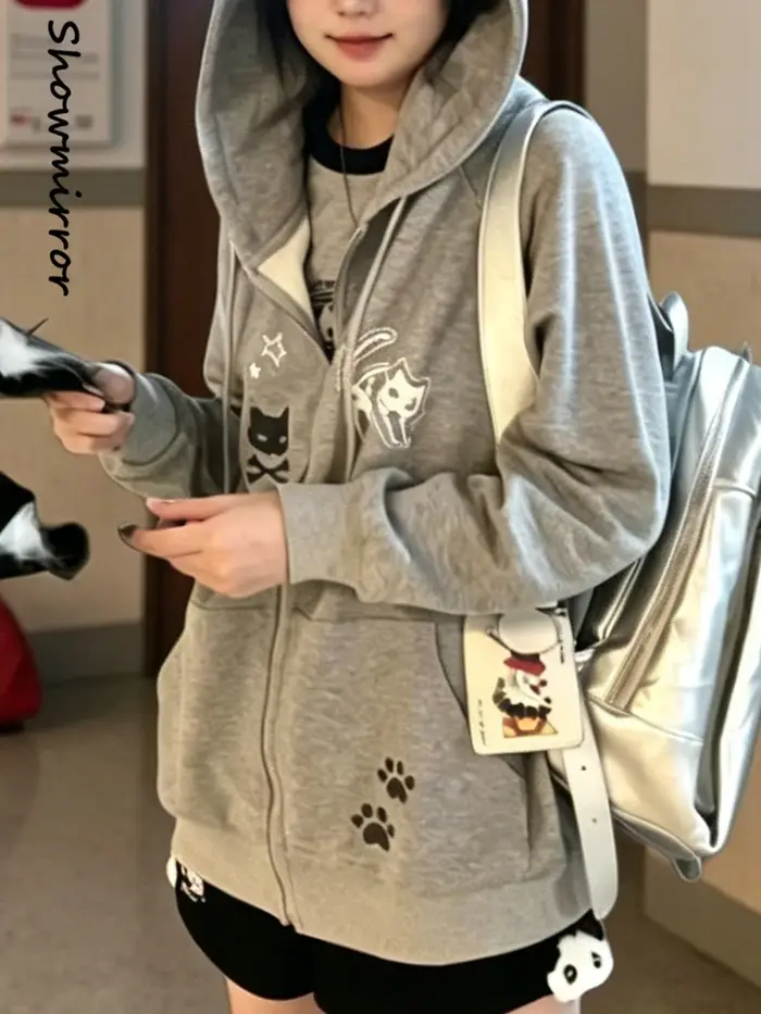 Sweat-shirt court gothique à capuche zippé pour femme