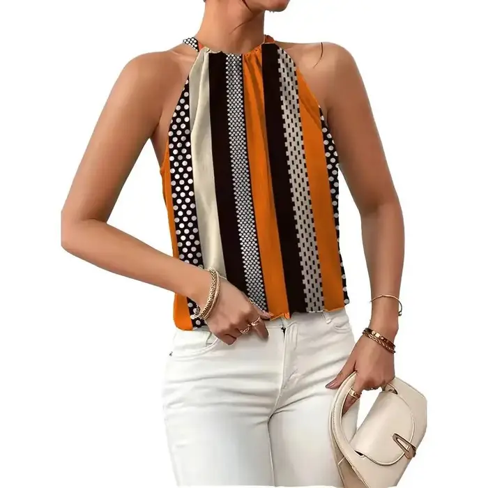 Débardeur Femme Printemps-Été Orange Marron Rayé à Pois Col Halter Sans Manches Style Rétro Chic Quo