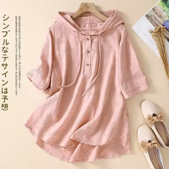 T-shirt à capuche en coton et lin pour femme, haut Jacquard, été