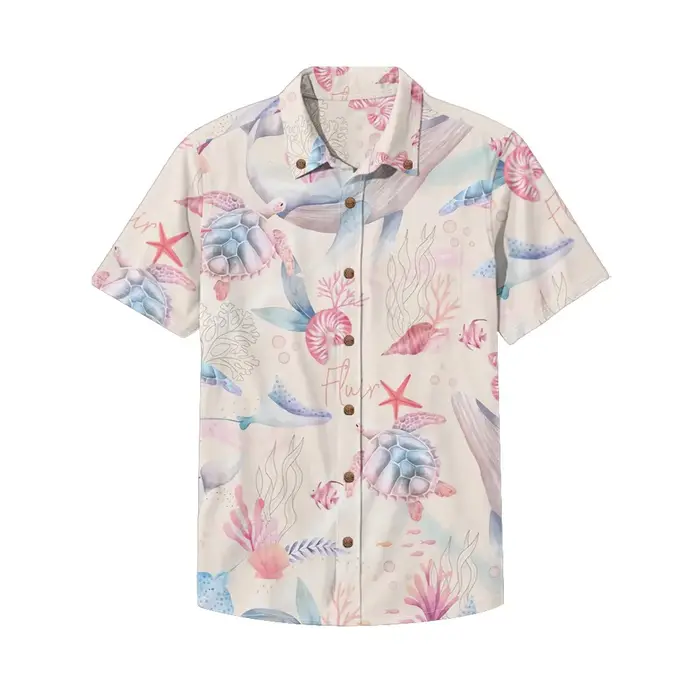 Chemise hawaïenne Aloha vibrante hippocampe et corail pour hommes