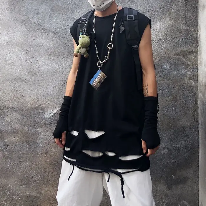 Débardeur d'été déchiré style punk hip-hop vintage pour hommes et femmes