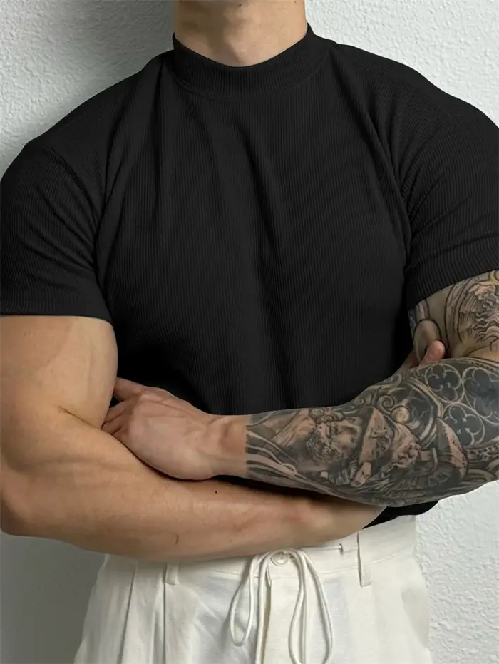Nouveau T-shirt homme tendance 2026 – Haut de sport à col montant rayé, manches courtes, idéal pour 
