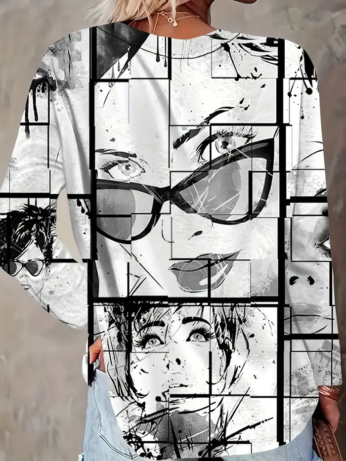 T-shirt graphique à manches longues et col rond pour femmes, haut décontracté pour femme, pull élégant, mode de bureau, printemps