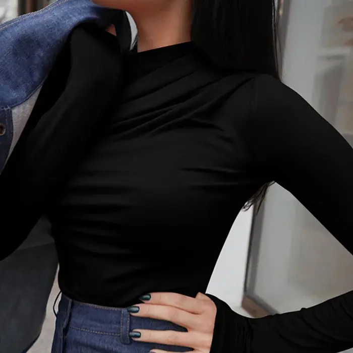 T-shirt basique à manches longues pour femmes, haut court, col oblique, monochromatique, streetwear