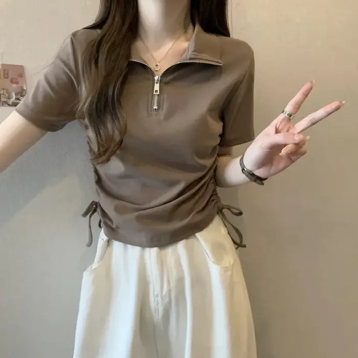 T-shirt polo pour femme à demi-zip, froncé, coupe ajustée, manches courtes, décontracté, pour l'été