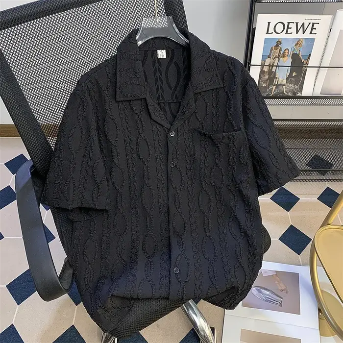 Chemise de plage ample à col cubain texturé à manches courtes pour homme – Tissu mélangé décontracté