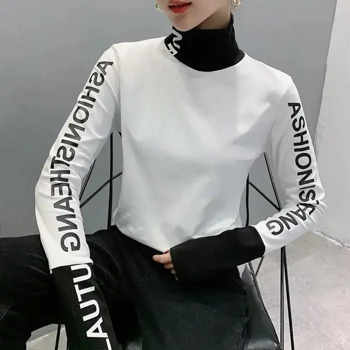 Vêtements chaud T-shirt haut jaune pour femmes avec impression 2025 col roulé femme