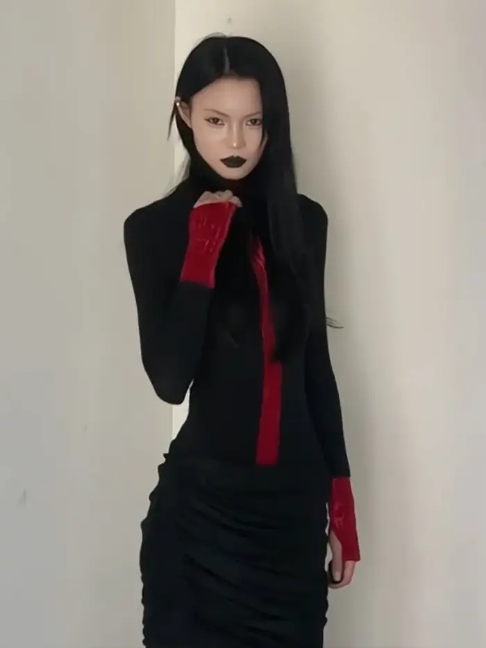 Yedinas Patchwork col roulé T-shirt femme vêtements à manches longues noir gothique haut d'automne 2