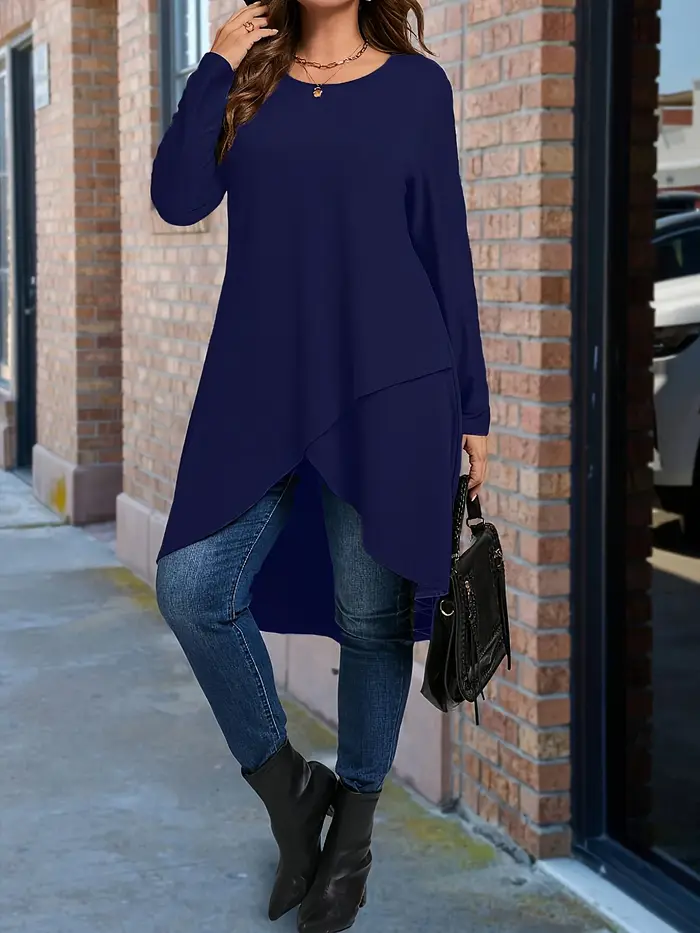 Grande taille femmes élégant ourlet asymétrique à manches longues T-Shirt col rond haut décontracté 