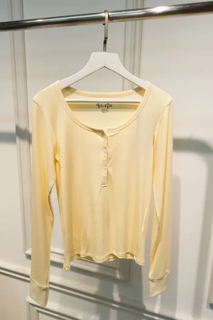 T-shirt manches longues col rond femme, en coton, avec boutons côtelés jaunes, Slim, mignon, Vintage