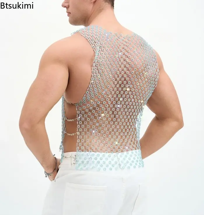 Nouveaux débardeurs vintage à sequins brillants pour hommes