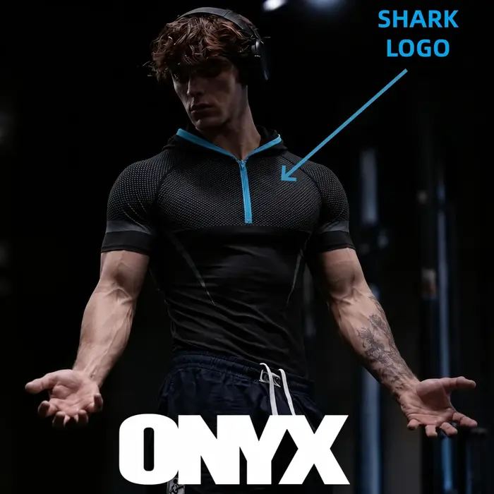 T-shirt à capuche GYM ONYX V5, combinaison de fitness avec logo en silicone SHARK, haut d'entraînement pour sports de plein air, haut à capuche à manches courtes pour la course à pied et le fitness