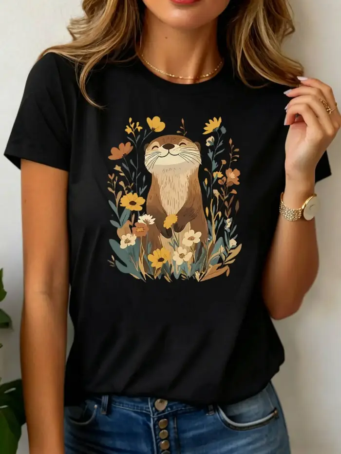 T-shirt pour femme avec imprimé de loutre de dessin animé et de fleurs