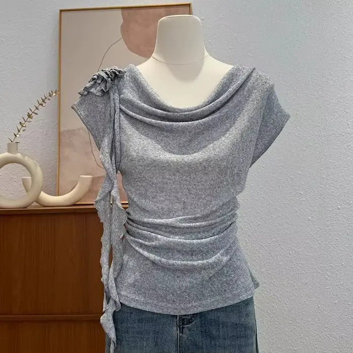 T-shirt sans manches pour femmes en été, mode, col banderole de fleurs à volants, manches courtes pl