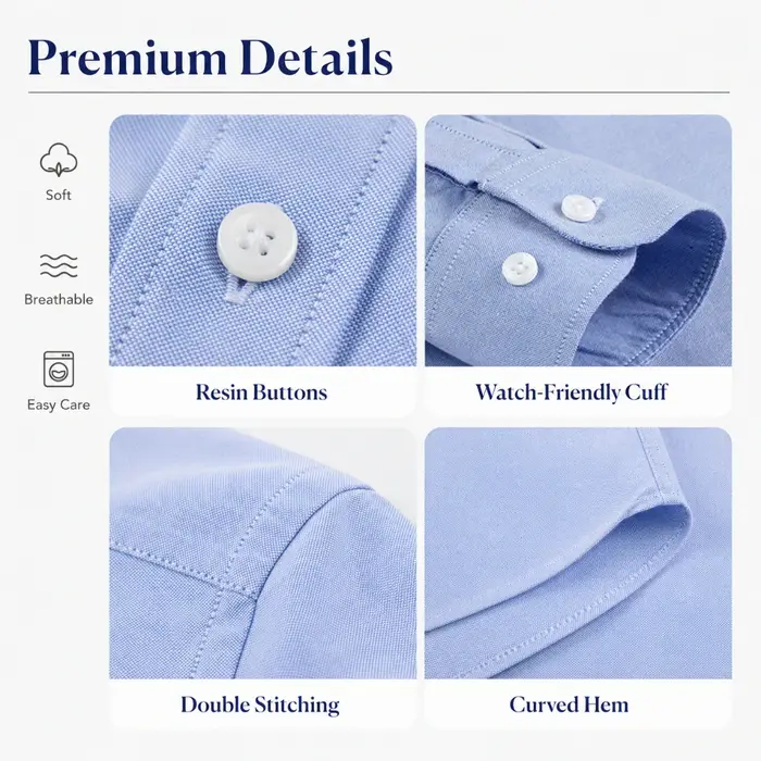Chemise Homme Oxford Coton Manches Longues Button Down Casual Business Pré-Rétrécie Lavage Enzymatique Respirante Anti-Froissage