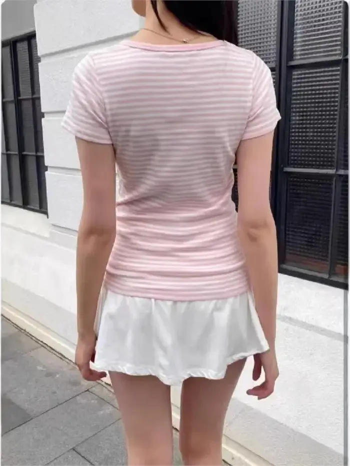 Doux petit rose rayé T-shirts femmes nouveau coton col rond décontracté mince boutons à manches cour