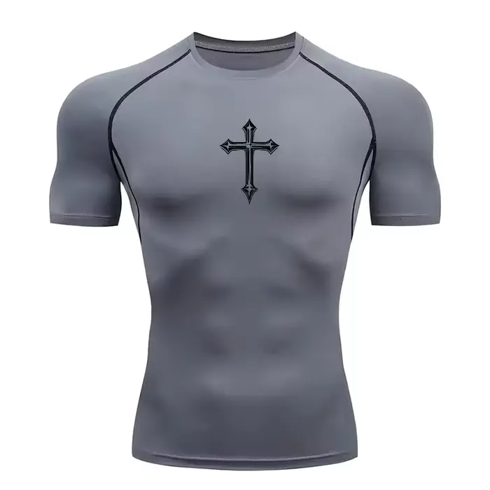 T-shirt de compression imprimé croisé pour hommes, T-shirt athlétique chrétien, hauts de sport, sous-vêtements de gym, de course, de musculation, sous-maillots, Rash Guard