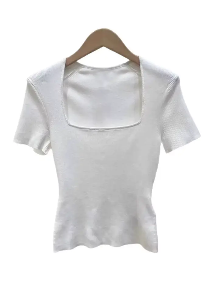 T-shirt en tricot à col carré pour femme