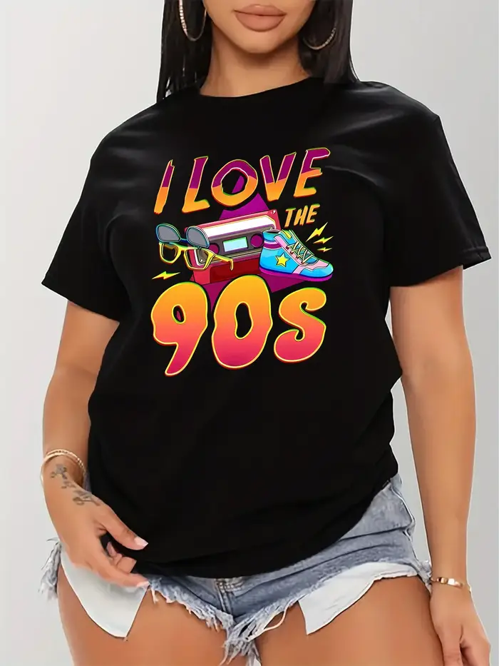 J'aime les années 90 imprimé T-shirt femmes à manches courtes haut décontracté pour l'été printemps 
