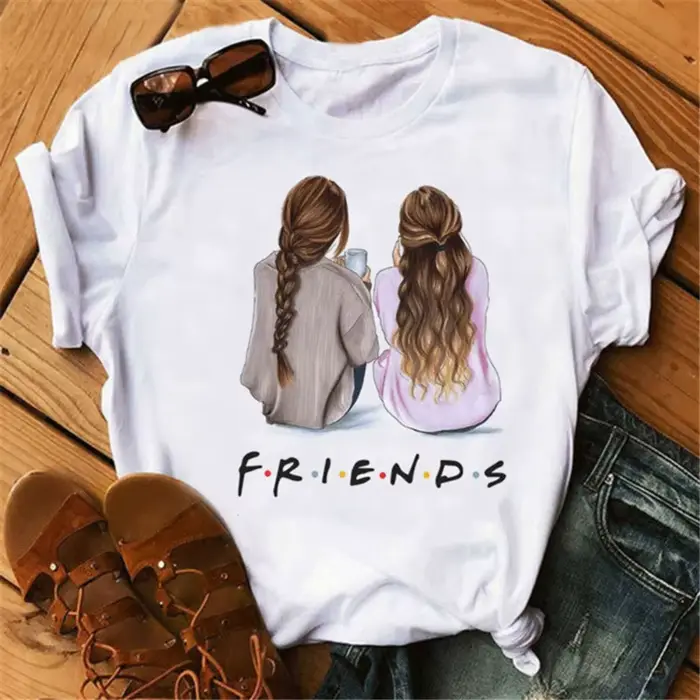 T-shirt à col rond imprimé dessin animé Good Friends pour femme, haut graphique, manches courtes, dé