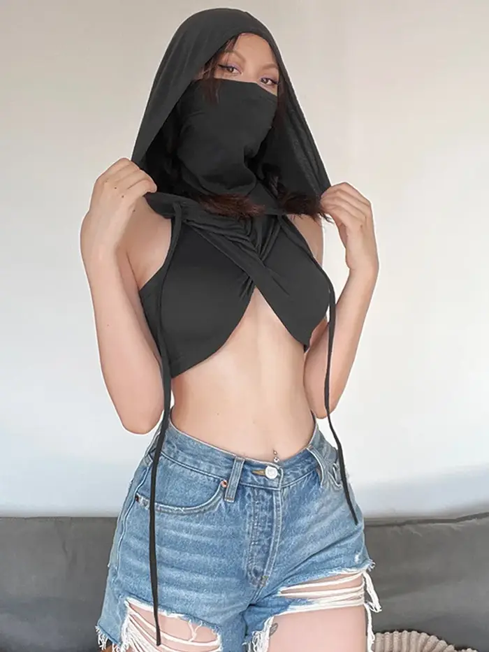 Débardeur Sexy à capuche solide pour femmes, vêtements, embout court, Design croisé, Streetwear, sans manches, Y2k, haut court