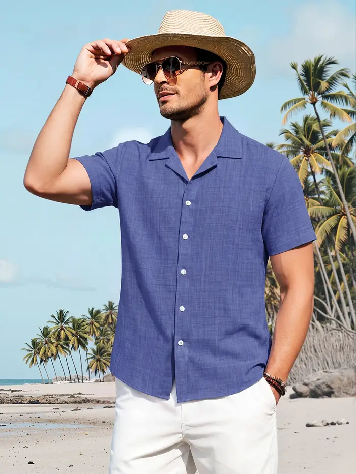 Nouveauté estivale : Chemise pour homme de haute qualité avec col cubain - Tissu aspect lin, idéale 
